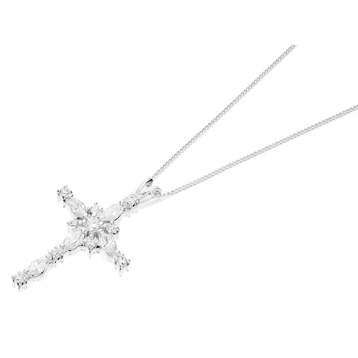 Silver Cubic Zirconia Cross And Chain - F3626