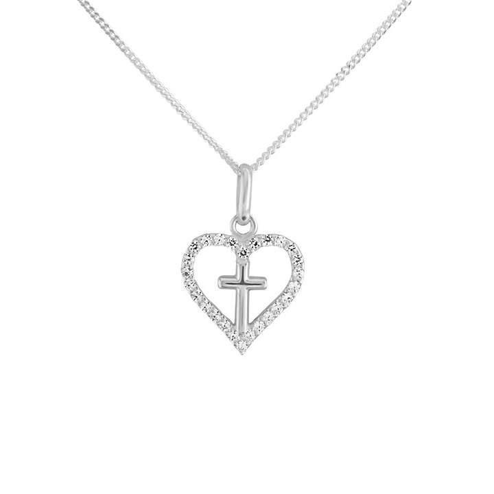 Silver Cubic Zirconia Cross Heart Necklace - F37002