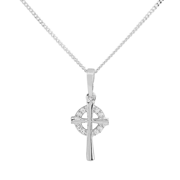 Silver Cubic Zirconia Celtic Cross And Chain - F37004