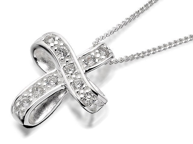 Silver Cubic Zirconia Ribbon Cross And Chain - F3794