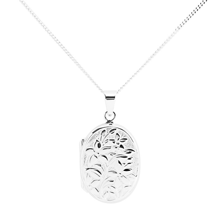 Silver Oval Flower Locket - F43001