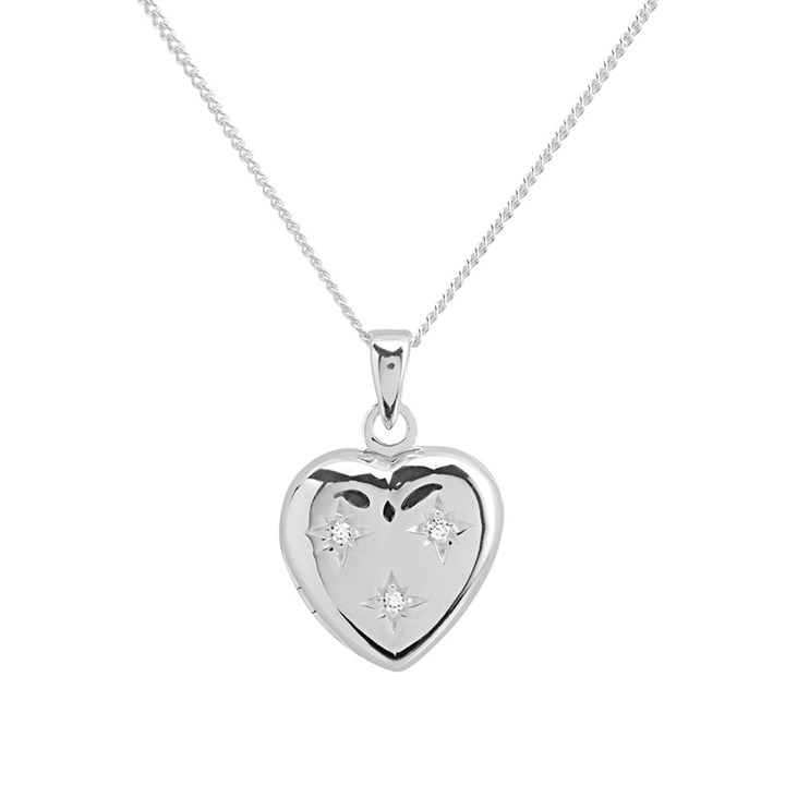 Silver Cubic Zirconia Heart Locket And Chain - F43002