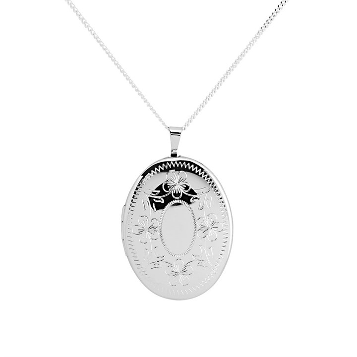 Silver Flower Oval Locket And Chain - F43003