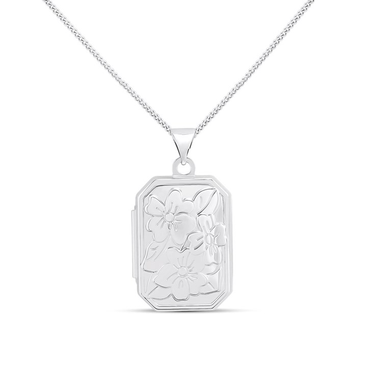 Silver Floral Rectangular Locket - F4364