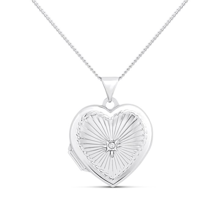 Silver CZ Starburst Design Heart Locket - F4365