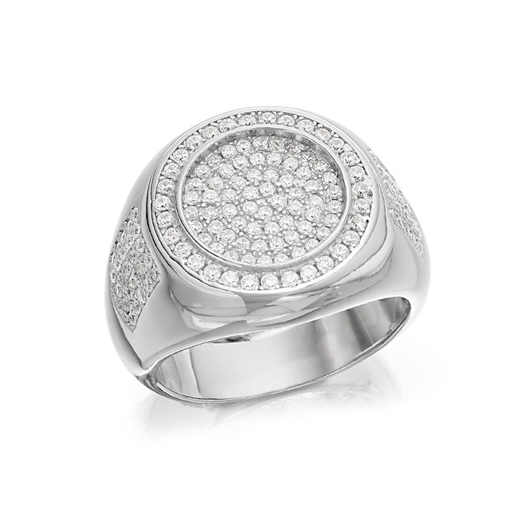 Silver Cubic Zirconia Round Signet Ring - F5107
