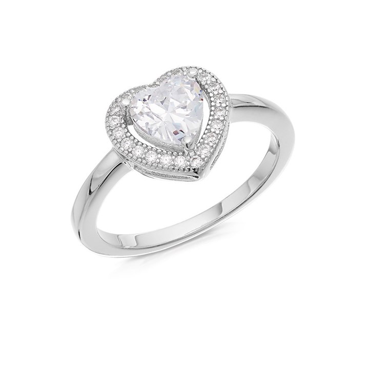 Silver Cubic Zirconia Heart Halo Ring - F60001