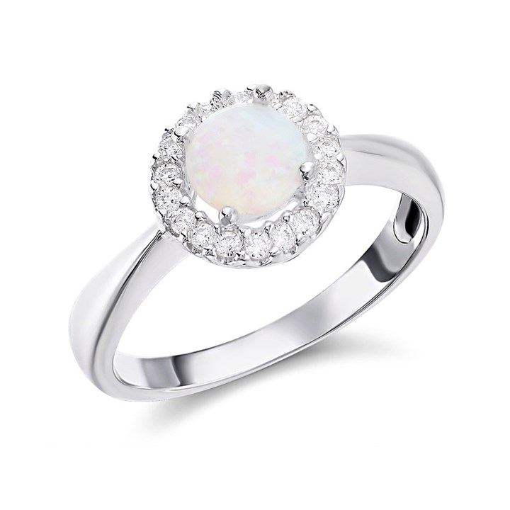 Silver Imitation Opal And Cubic Zirconia Halo Ring - F60005