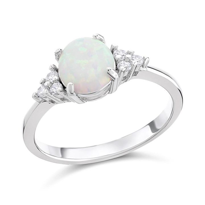 Silver Imitation Opal And Cubic Zirconia Ring - F60009