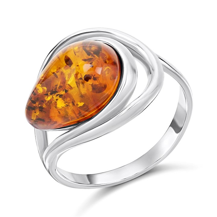 Silver Amber Teardrop Ring - F60104