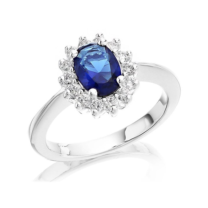 Silver Oval Blue Cubic Zirconia Cluster Ring - F6031
