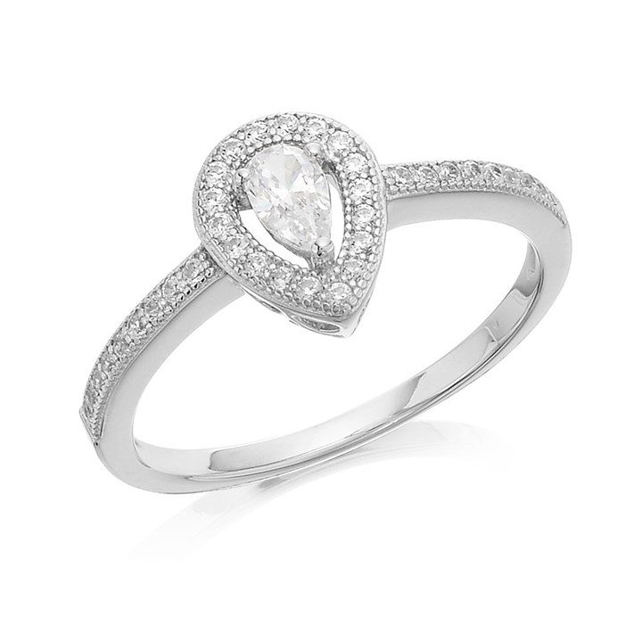 Silver Cubic Zirconia Pear Halo Cluster Ring - F6032