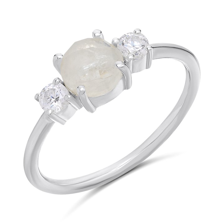 Silver Checkerboard Cut Moonstone And CZ Ring - F6113
