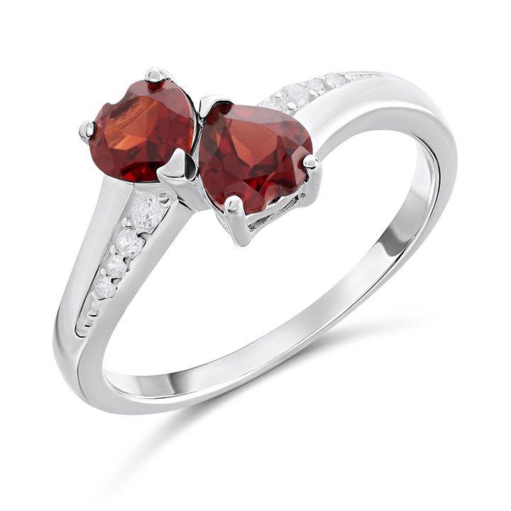 Silver Garnet And CZ Double Heart Ring - F6117