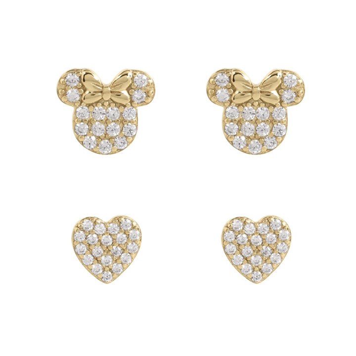 Disney Gold Plated Sterling Silver CZ Minnie And Heart Earrings Set - F67142