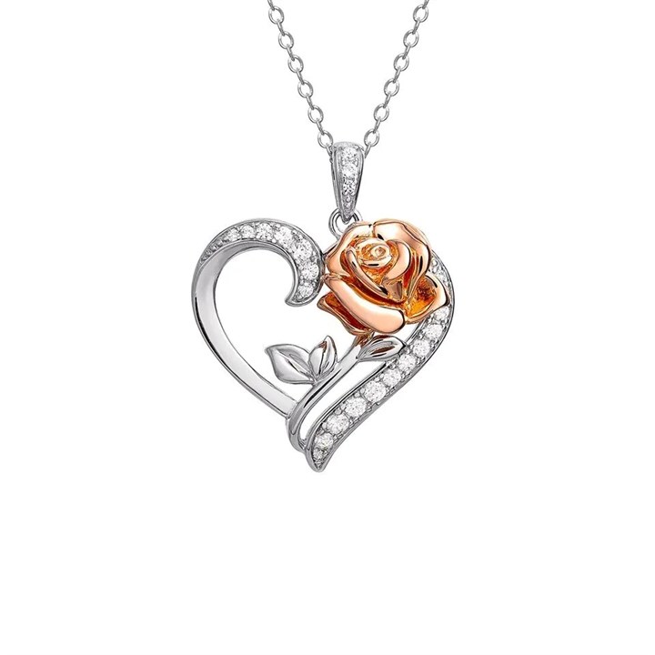 Disney Silver And Rose Plated Rose Heart Necklace - F6741
