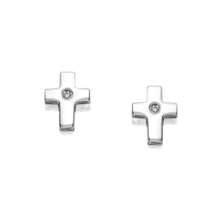 D For Diamond Silver Diamond Cross Children's Stud Earrings - F7302