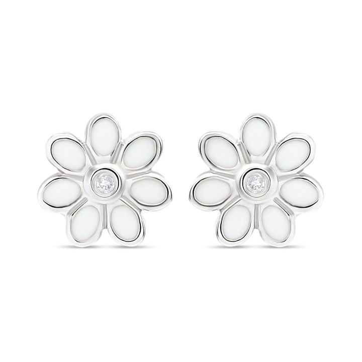 D4D Silver Diamond Enamel Flower Stud Earrings - F7349