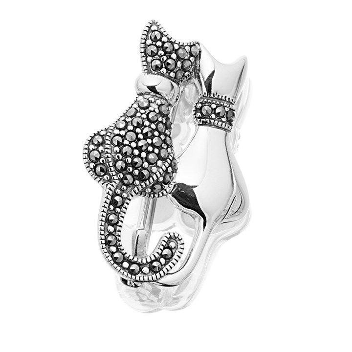 Silver Marcasite Double Cat Brooch - F79001