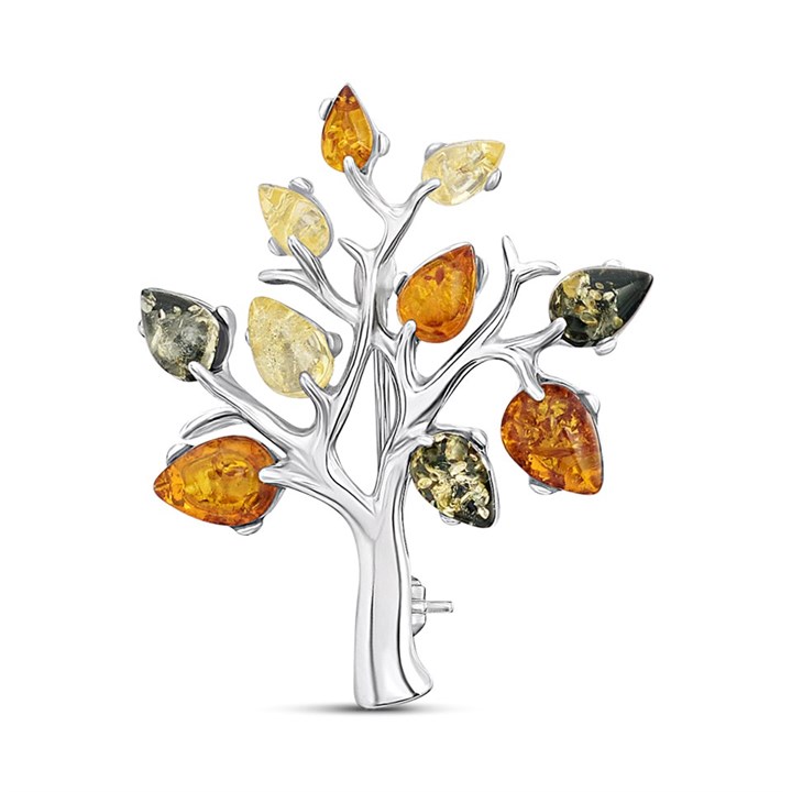 Silver Mixed Amber Tree Of Life Brooch - F7936