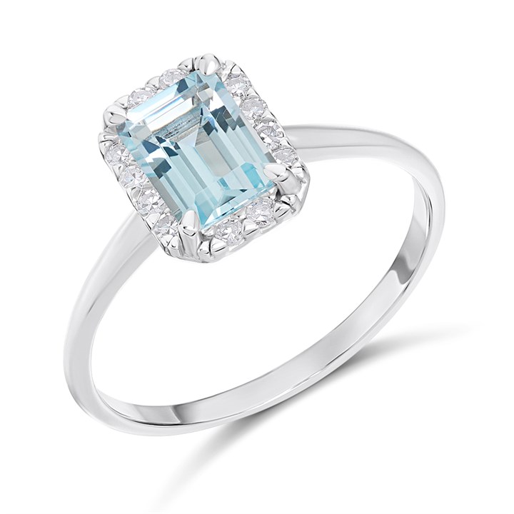 Silver Blue Topaz And Lab Grown Diamond Halo Ring - F9710