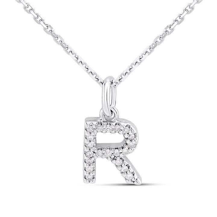 Silver Lab Grown Diamond Initial Necklace- R - F9844