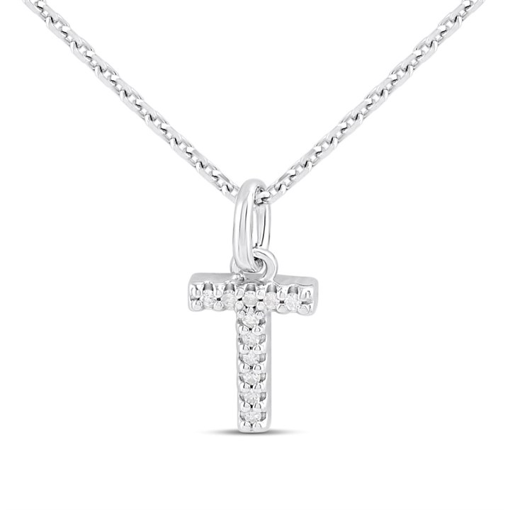 Silver Lab Grown Diamond Initial Necklace- T - F9845