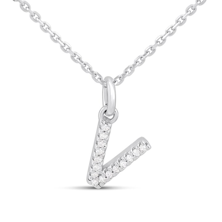 Silver Lab Grown Diamond Initial Necklace- V - F9847