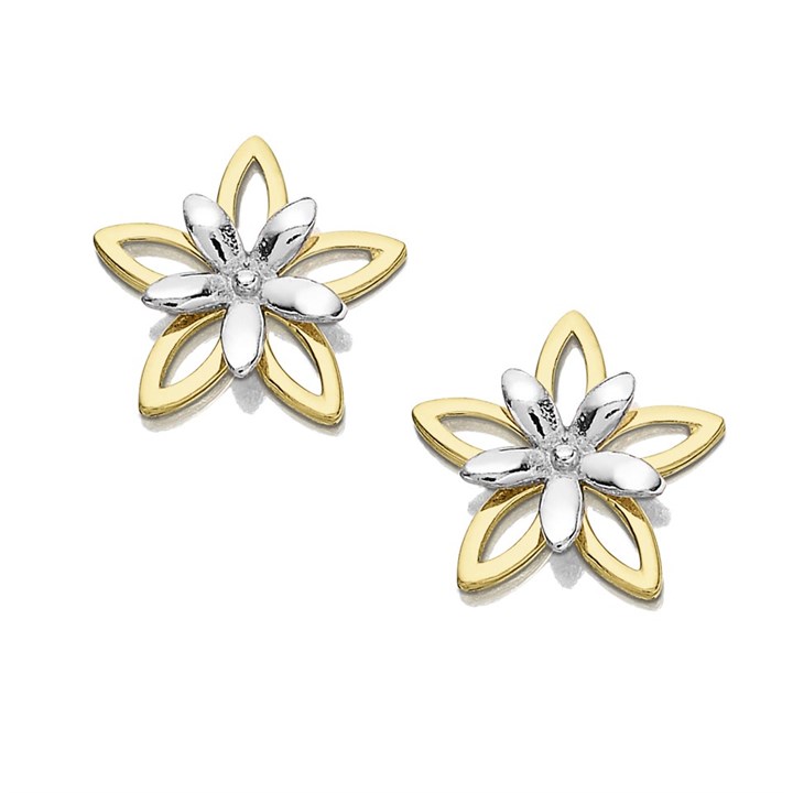 9ct Gold Two Colour Flower Stud Earrings - 8mm - G0165