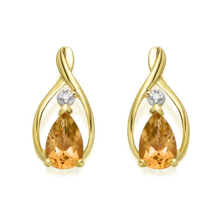 9ct Gold Citrine And Diamond Stud Earrings - G0310