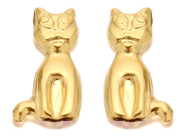 9ct Gold Sitting Cat Stud Earrings – Yellow Gold, No Stone, By Jewellerybox