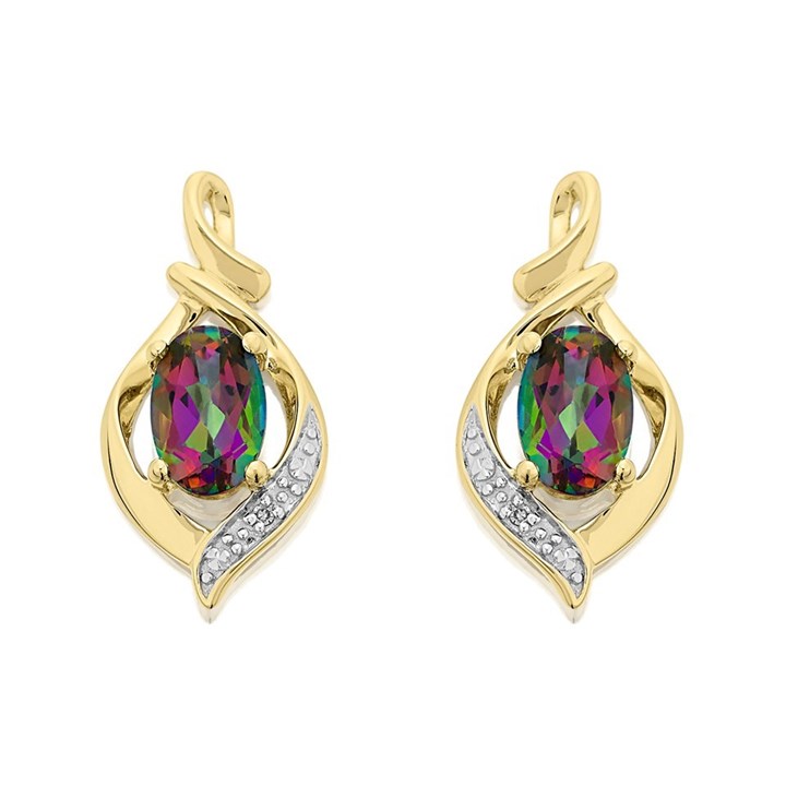 9ct Gold Mystic Topaz And Diamond Stud Earrings - 16mm - G0455