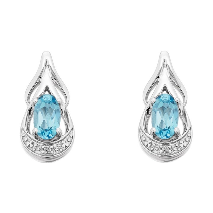 9ct White Gold Blue Topaz And Diamond Stud Earrings - G0457