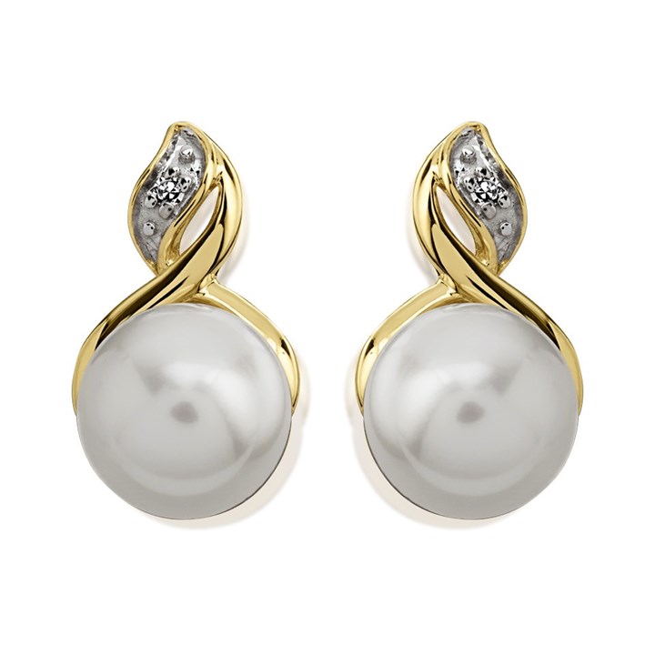 9ct Gold Freshwater Pearl And Diamond Stud Earrings - G0617