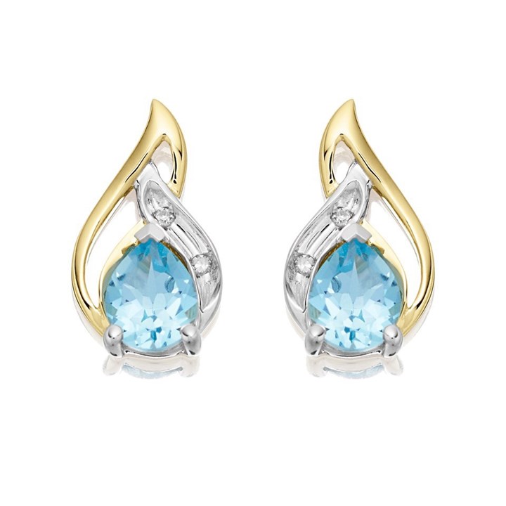 9ct Gold Two Colour Diamond And Blue Topaz Stud Earrings - G0651