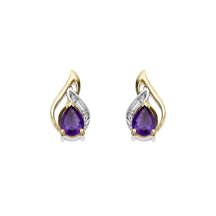 9ct Gold Two Colour Diamond And Amethyst Stud Earrings - G0655