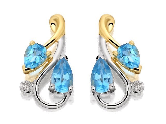 9ct Two Colour Gold Blue Topaz And Diamond Stud Earrings - 13mm - G0684