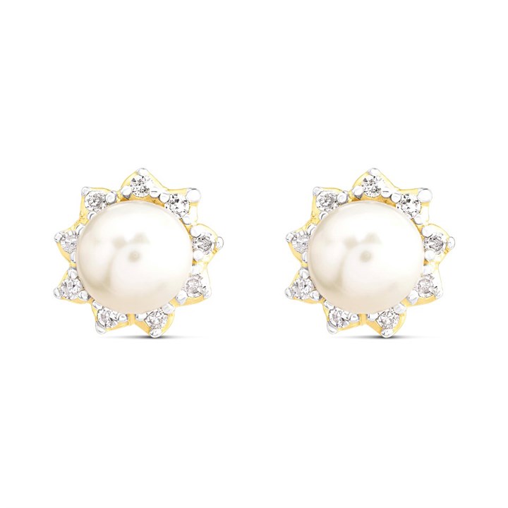 9ct Gold Diamond And Freshwater Pearl Stud Earrings - G0687