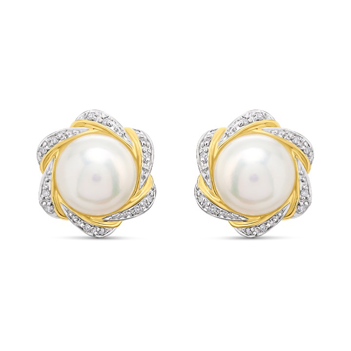 9ct Freshwater Pearl And Diamond Swirl Stud Earrings - G0696