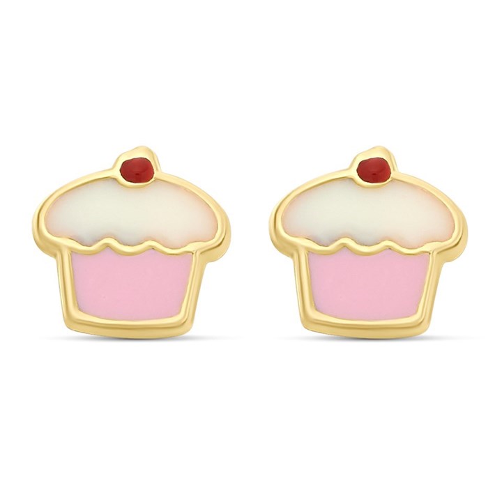 9ct Gold Enamel Cupcake Stud Earrings - 6mm - G0824