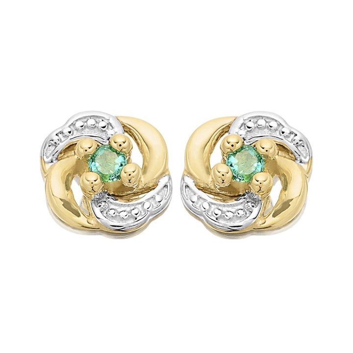 9ct Gold Two Colour Emerald Swirl Stud Earrings - 10mm - G0912