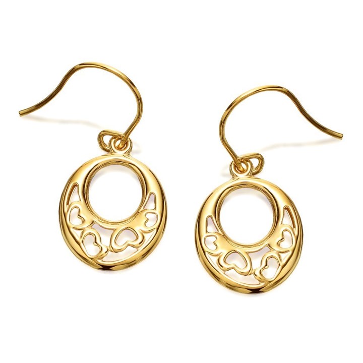 9ct Gold Oval Hearts Hook Wire Earrings - 25mm drop - G1009