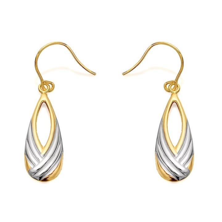9ct Gold Two Colour Pear Drop Hook Wire Earrings - 35mm drop - G1013