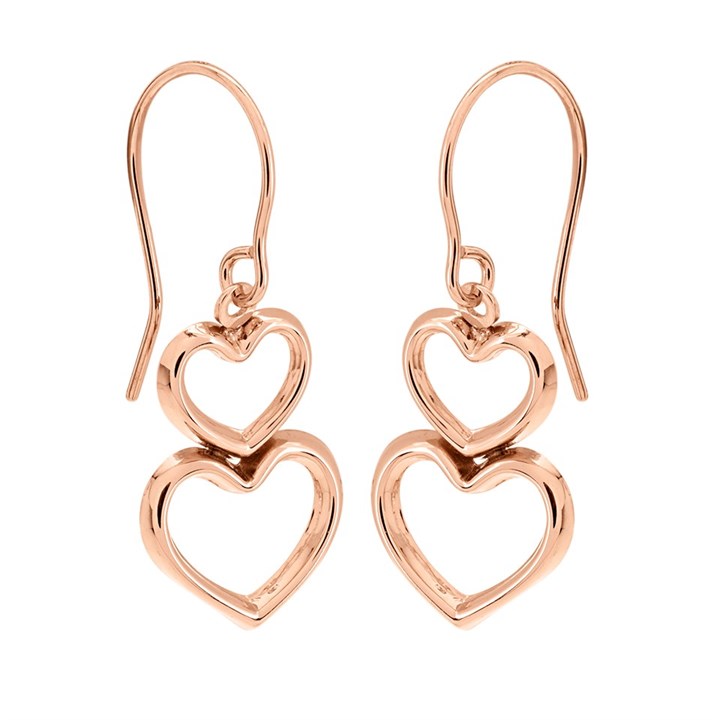 9ct Rose Gold Heart Hook Wire Earrings - 25mm drop - G1044