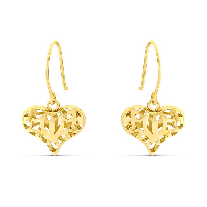9ct Gold Filigree Heart Hook Wire Earrings - 21mm drop - G1080