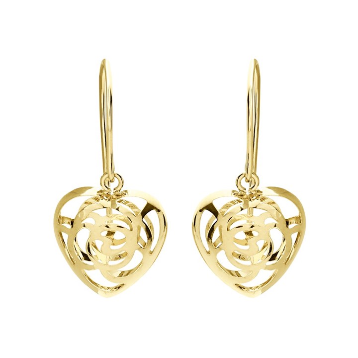 9ct Gold Filigree Heart Hook Wire Earrings - 21mm drop - G1235