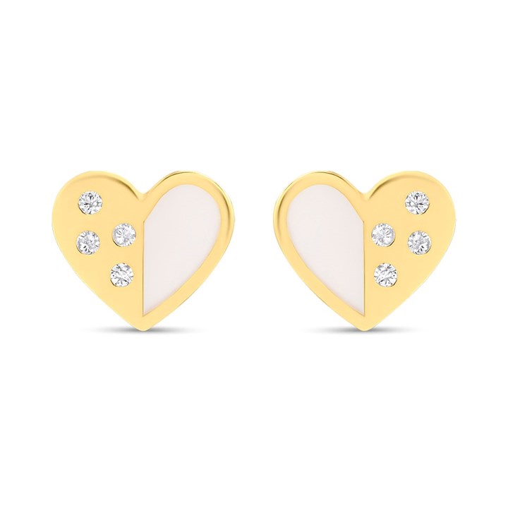 14ct Gold Mother Of Pearl CZ Heart Stud Earrings - G1319