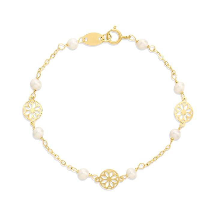 14ct Gold Pearl And Disc Children's Bracelet 5in - G1346