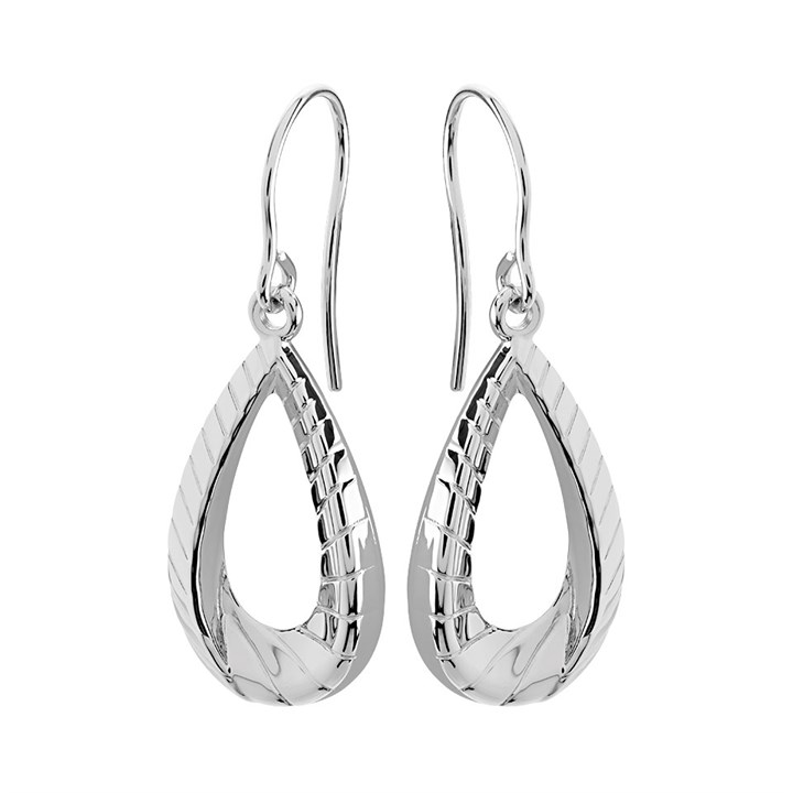 9ct White Gold Textured Teardrop Hook Wire Earrings - 31mm drop - G14101