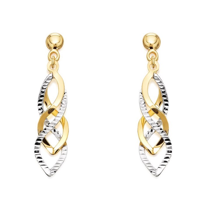 9ct Two Colour Gold Twist Drop Earrings - 35mm drop - G1412